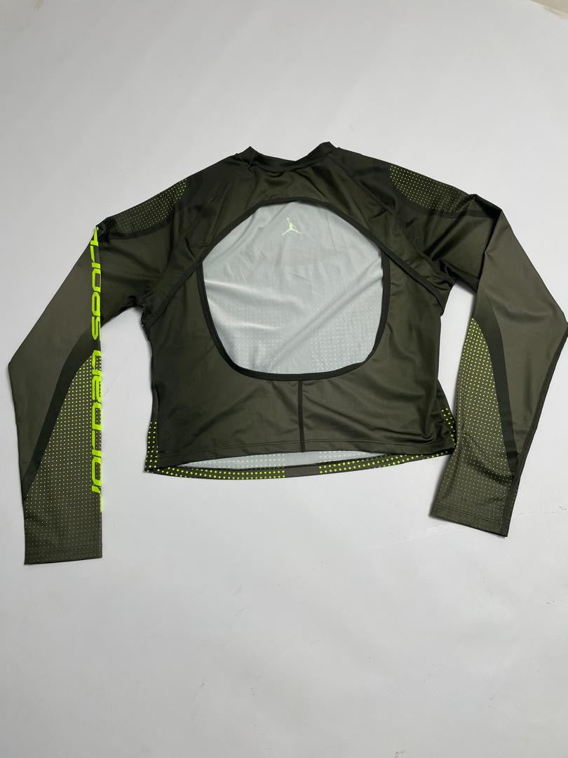 Crop Top Jordan Femme Vert Kaki Olive Manches Longues avec Détails Jaune Fluo