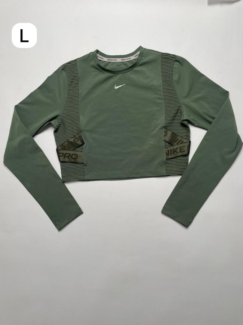 Nike Pro Crop Top Manches Longues - Vert Olive