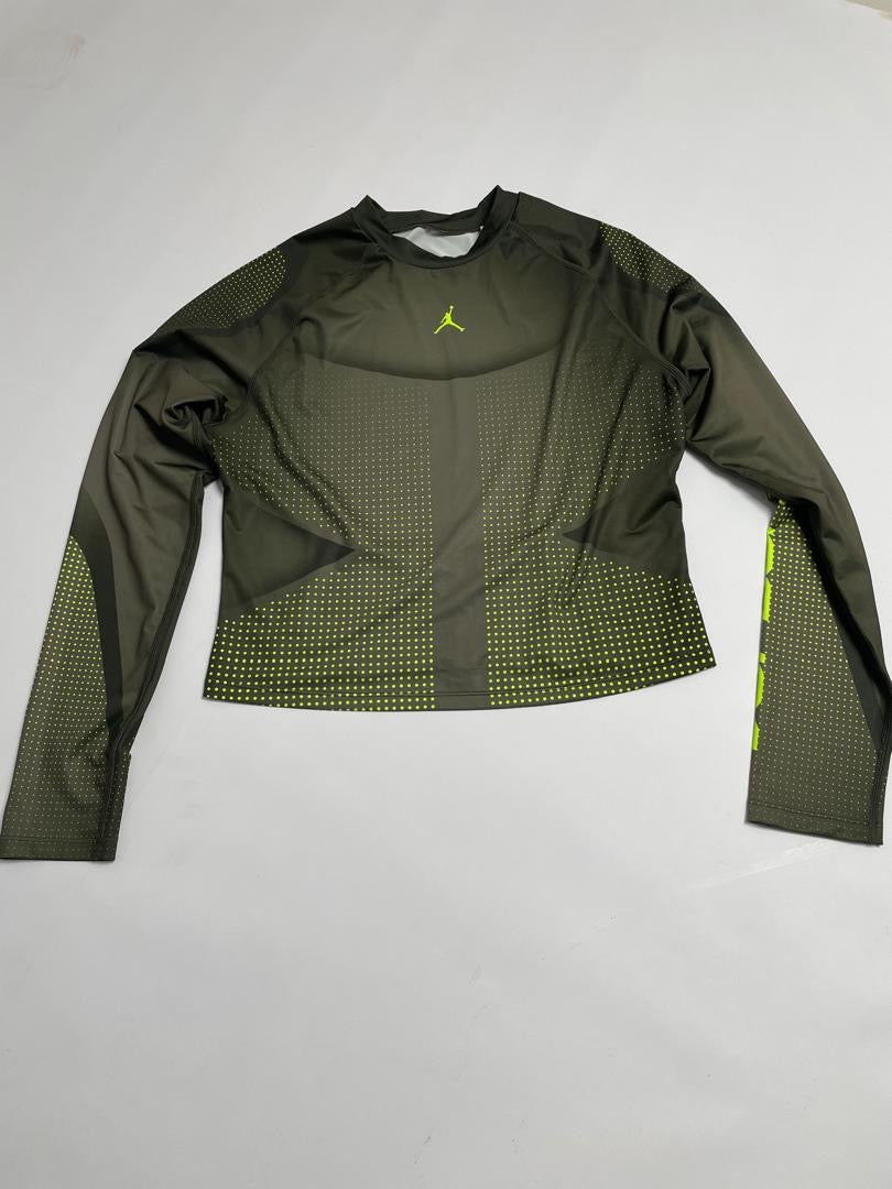 Crop Top Jordan Femme Vert Kaki Olive Manches Longues avec Détails Jaune Fluo