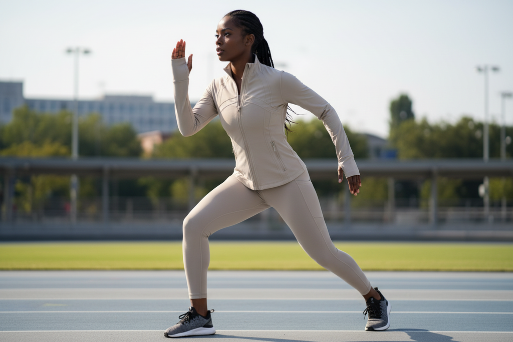 Femme africaine portant la veste Lululemon beige/stone pendant une séance de sport