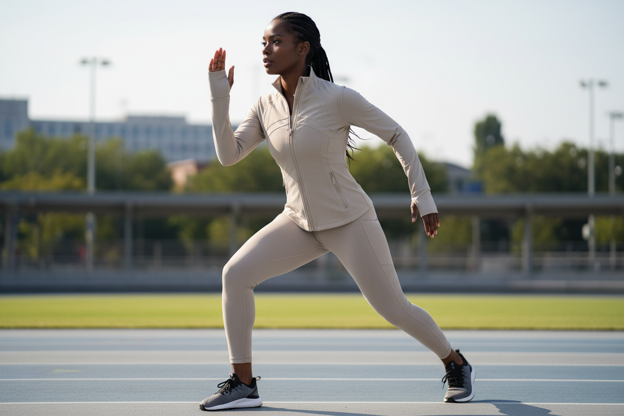Femme africaine portant la veste Lululemon beige/stone pendant une séance de sport
