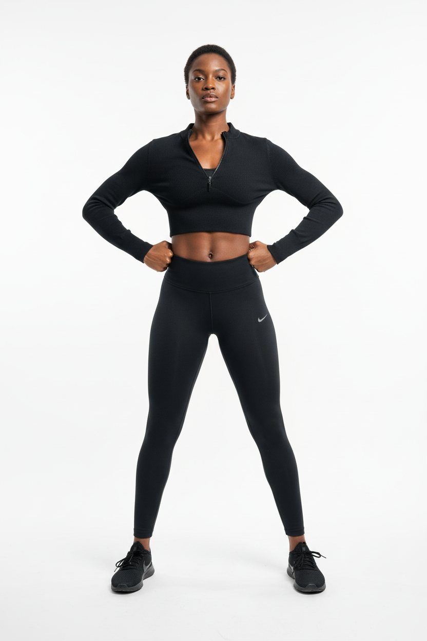 Femme athlétique portant haut Nike crop noir à zip
