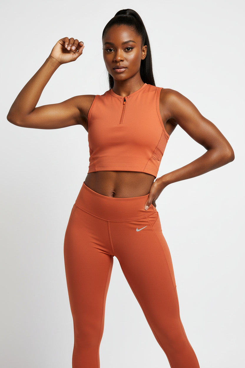 Femme athlétique portant haut Nike crop terracotta