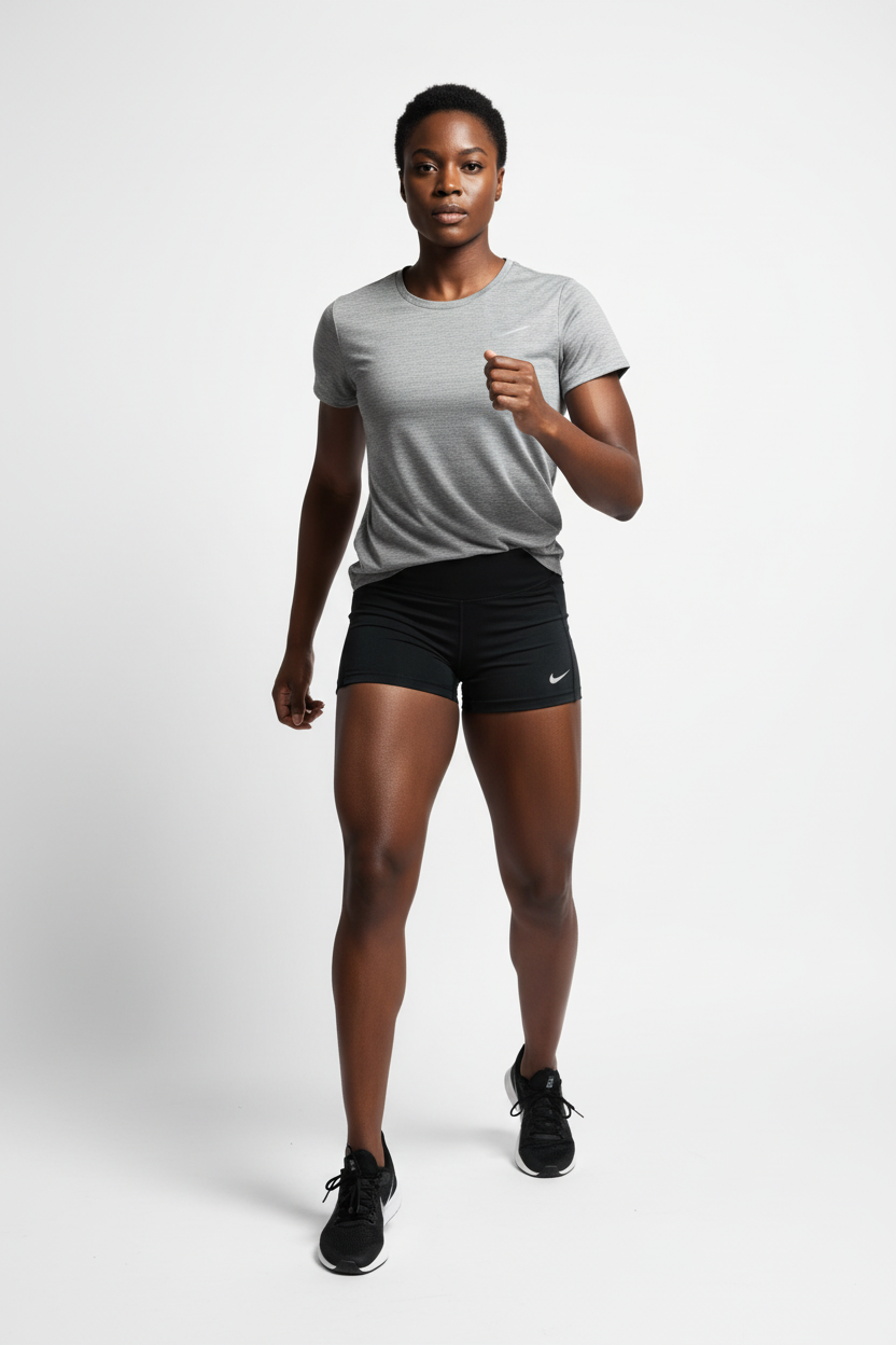 Femme athlétique portant t-shirt Nike Running gris chiné