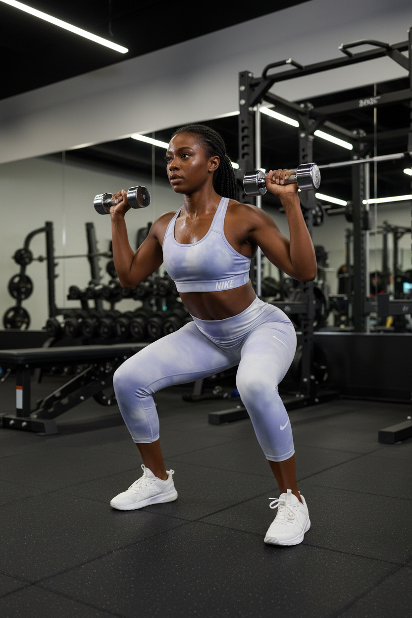Femme africaine à la salle de sport portant le legging Nike 7/8 tie-dye bleu violet