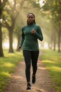 Femme africaine portant le haut de sport Nike vert à manches longues en pleine course