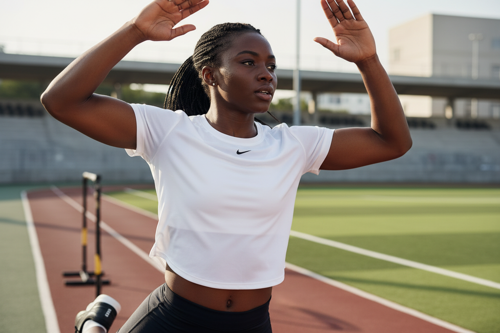 Femme africaine portant le t-shirt Nike blanc pendant une séance de sport