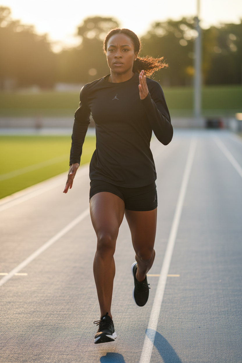 Femme africaine portant le haut de sport Jordan noir en pleine course