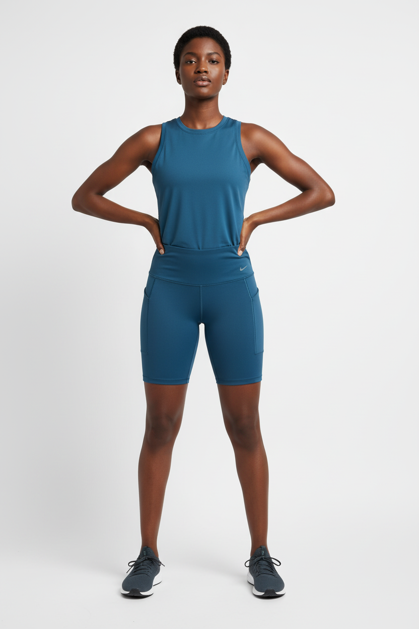 Mannequin femme portant le short cycliste Nike bleu pétrole - vue de face