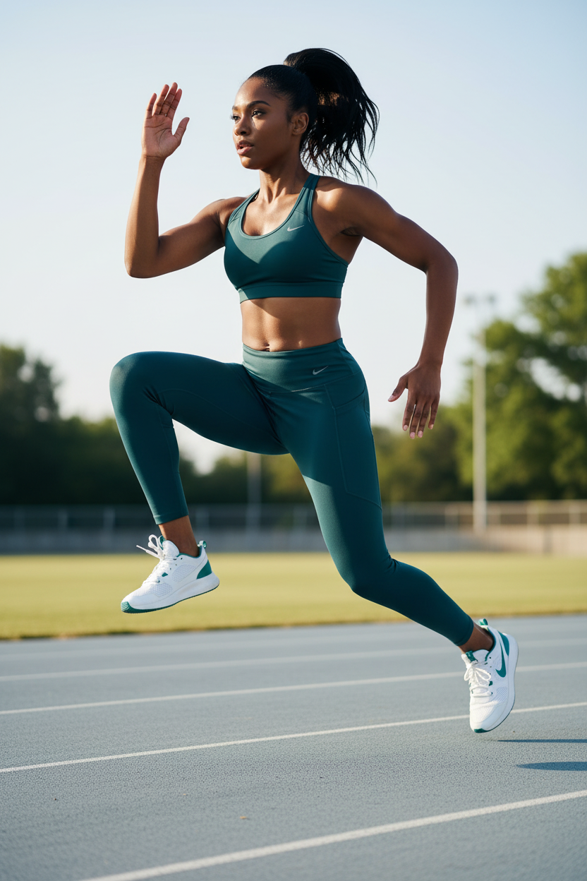 Femme africaine en entraînement portant le legging Nike vert forêt