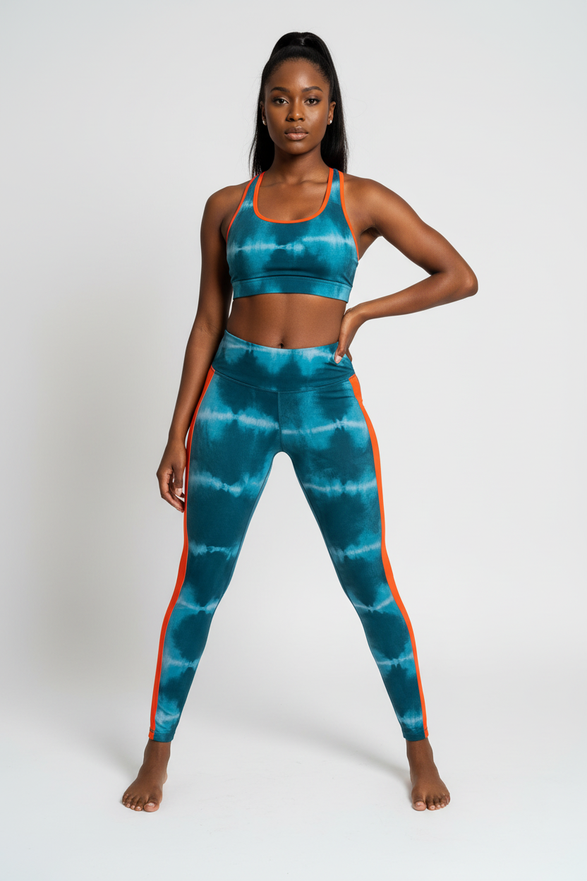 Mannequin femme portant le legging tie-dye bleu canard - vue de face