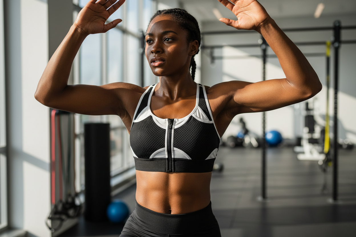 Femme africaine portant la brassière de sport noire et blanche avec zip frontal pendant une séance de sport