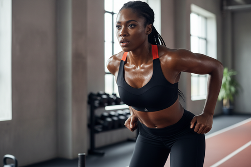 Femme africaine portant la brassière Reebok noire avec détails orange pendant une séance de sport