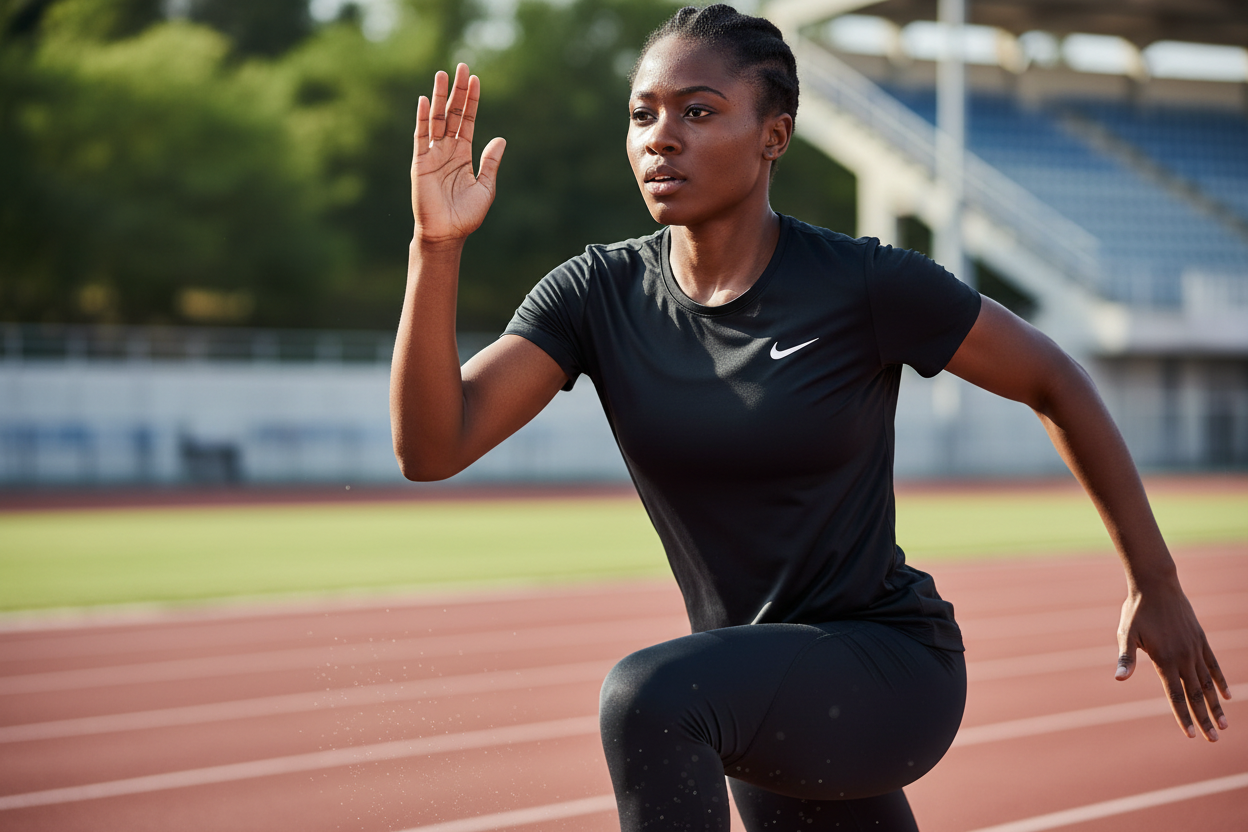 Femme africaine portant le t-shirt Nike noir pendant une séance de sport