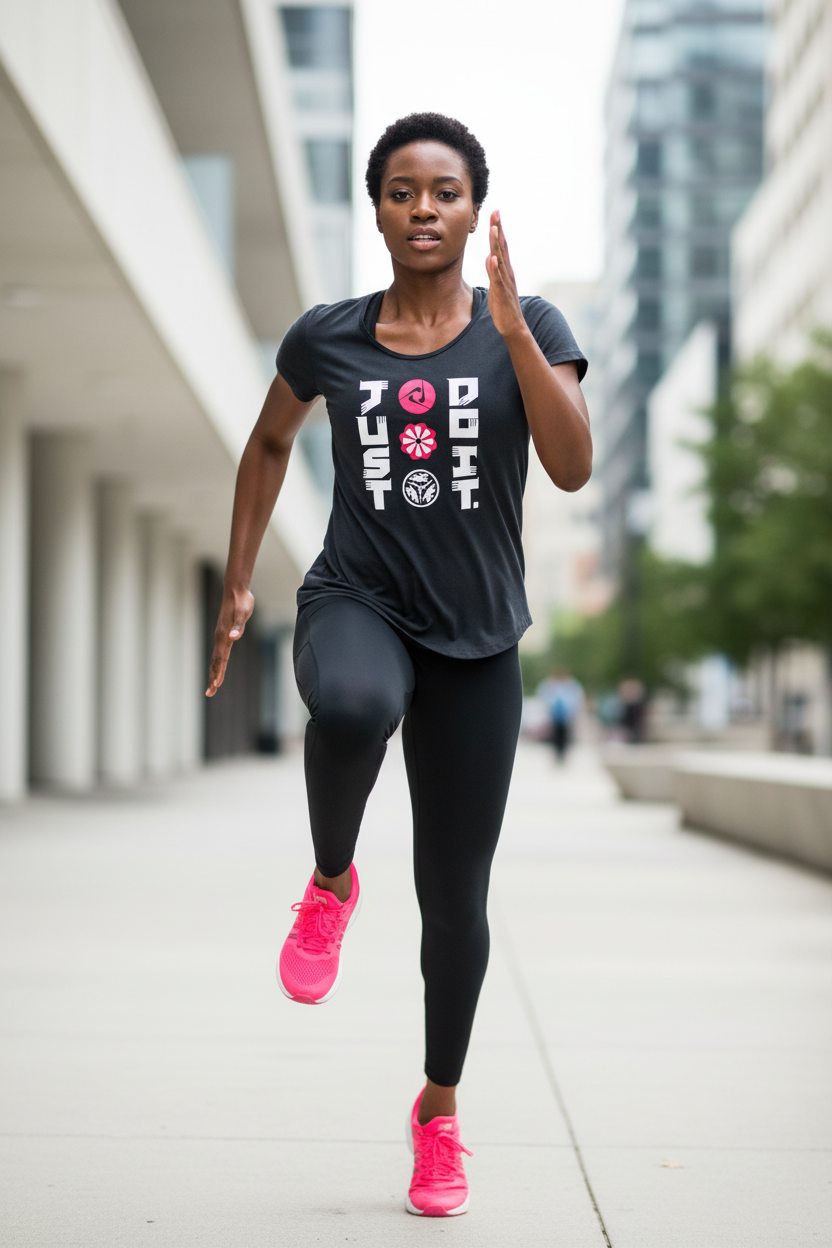 Femme africaine portant le t-shirt Nike Just Do It gris foncé lors d'une course urbaine