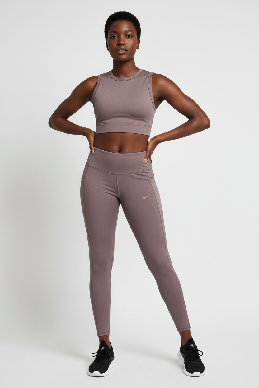 Mannequin femme portant le legging Nike taupe - vue de face