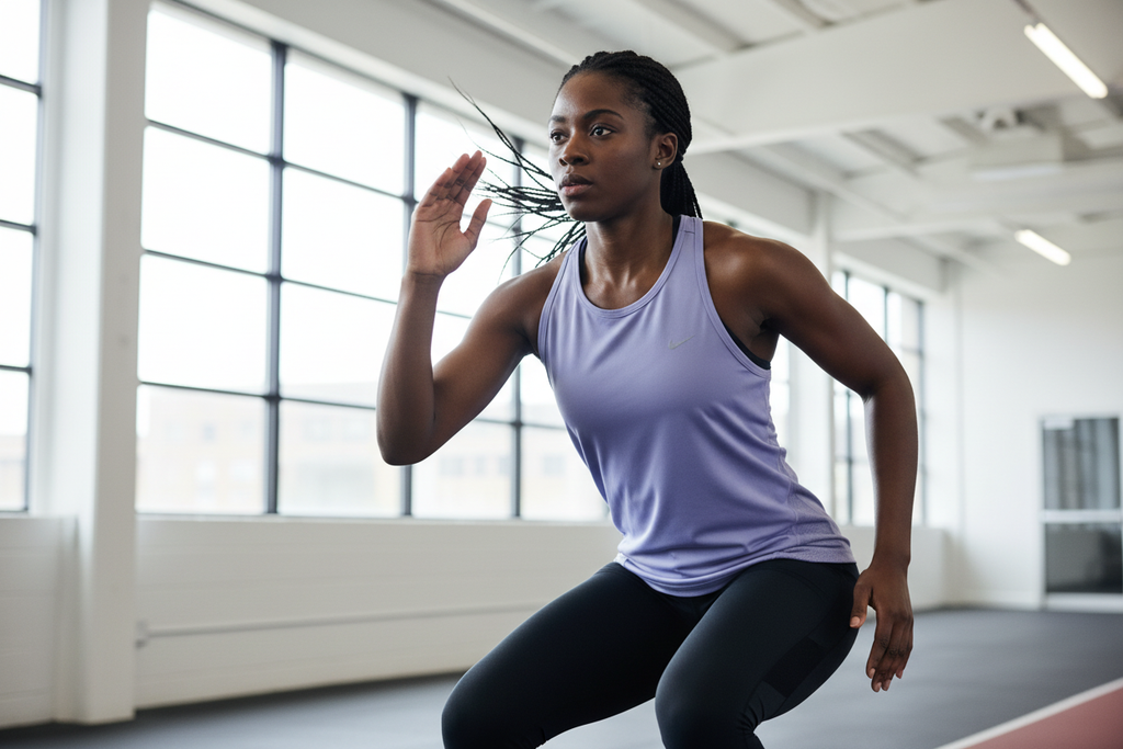 Femme africaine portant le débardeur Nike lavande pendant une séance de sport