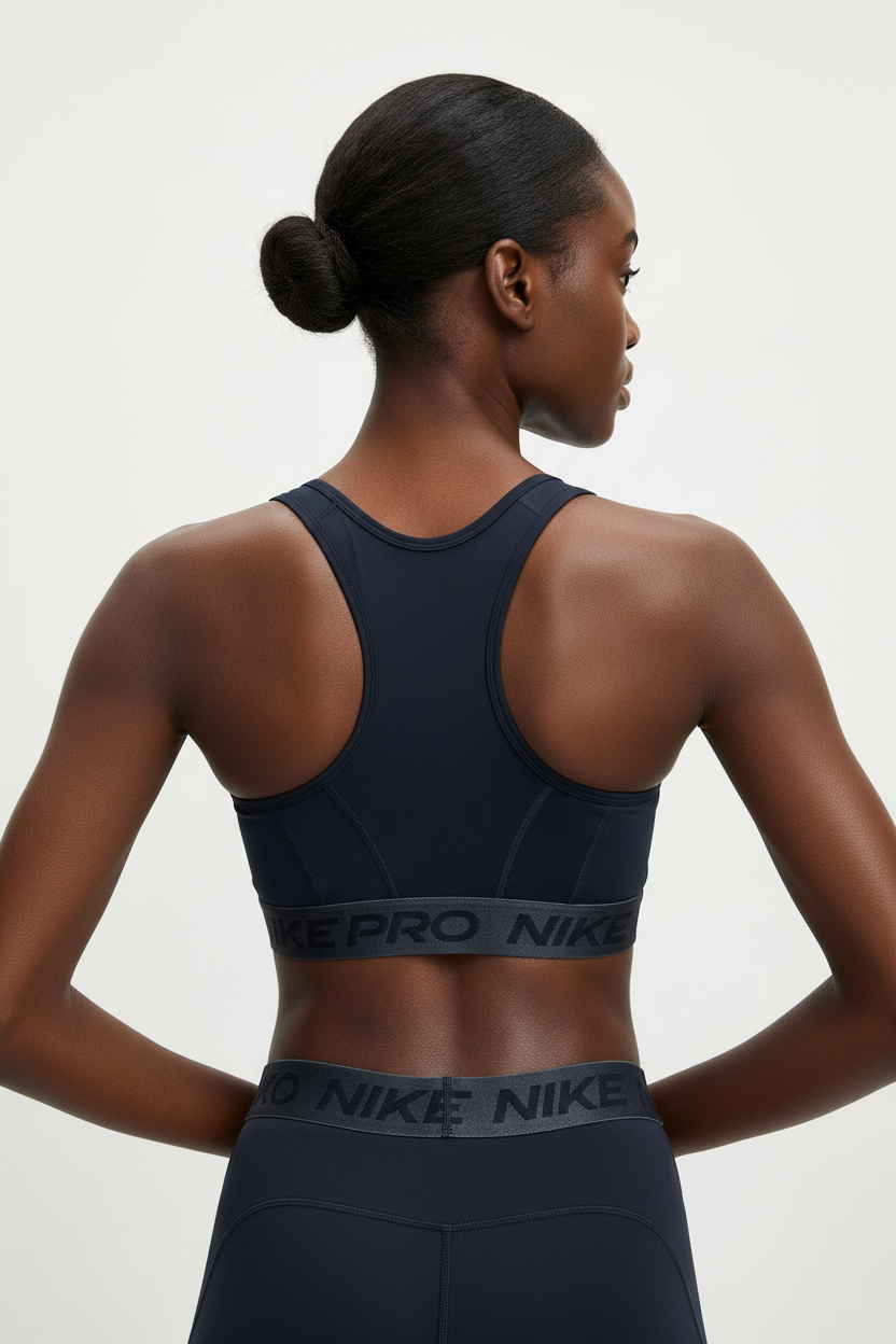 Mannequin femme portant la brassière Nike Pro bleu marine - vue de dos