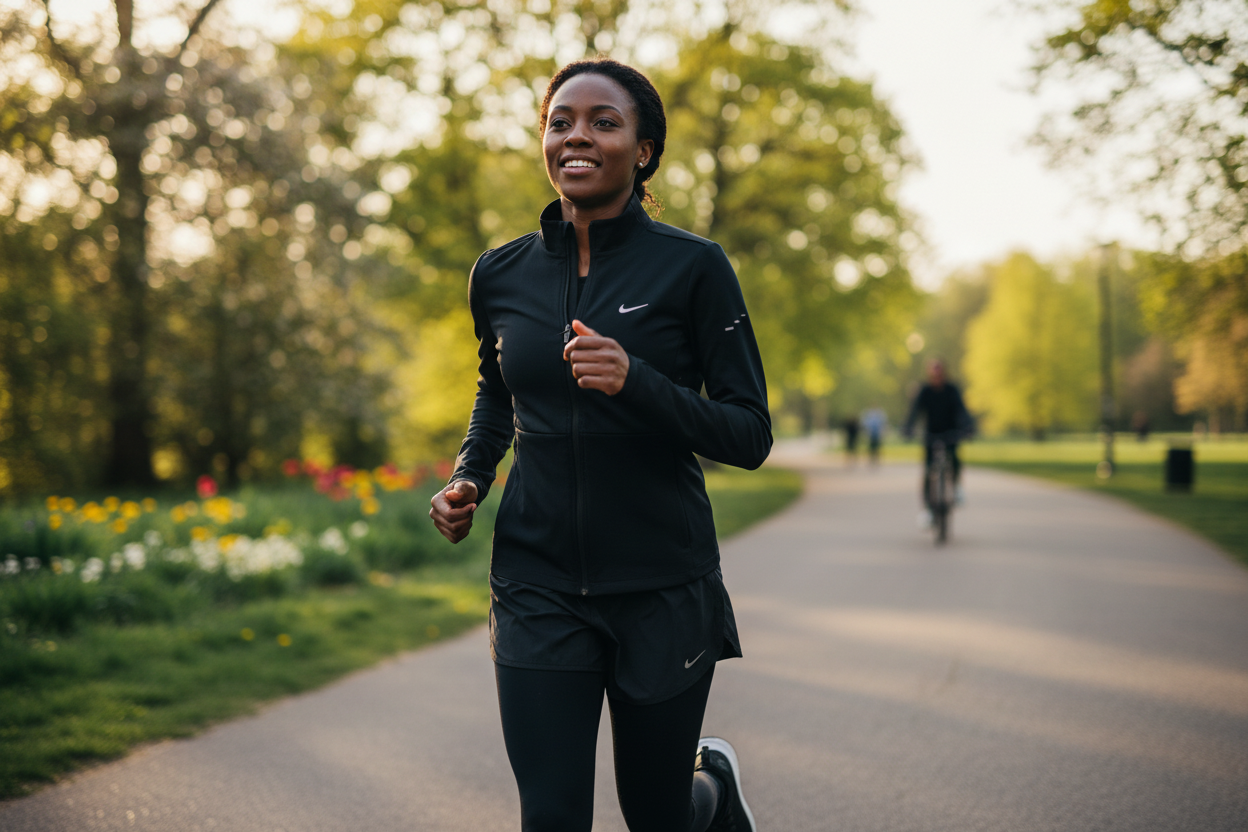 Femme africaine portant une veste Nike noire en faisant du sport