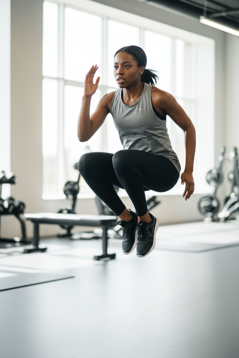 Femme africaine portant le débardeur de sport Nike gris chiné mesh lors d'un entraînement HIIT