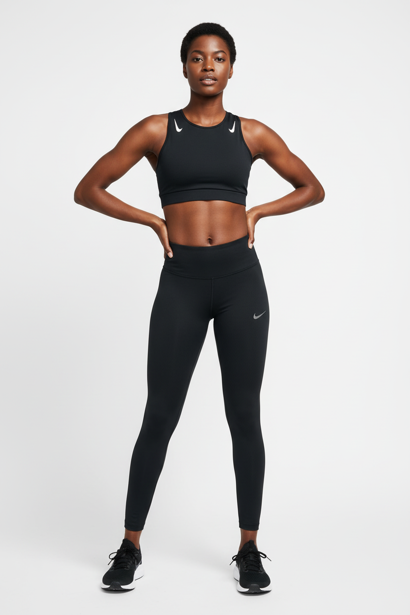 Mannequin africaine portant la brassière Nike Aeroswift noire - Vue de face