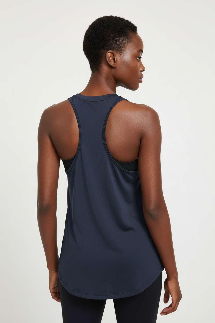Mannequin femme portant le débardeur Nike bleu marine - vue de dos