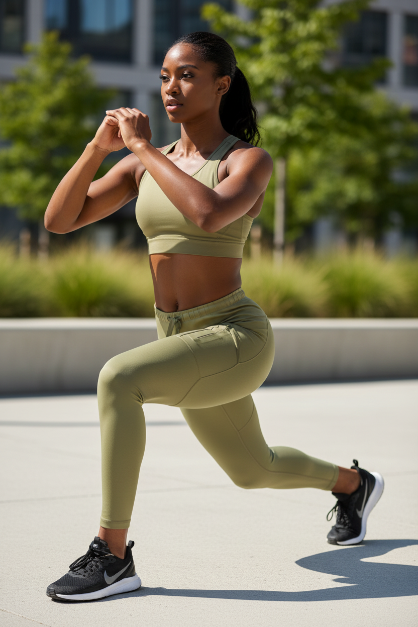 Femme africaine sportive portant le legging vert kaki beige avec poches zippées