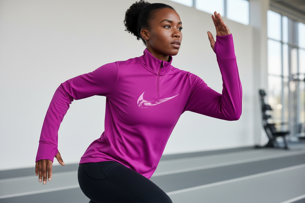 Femme africaine portant le sweat Nike violet pendant une séance de sport