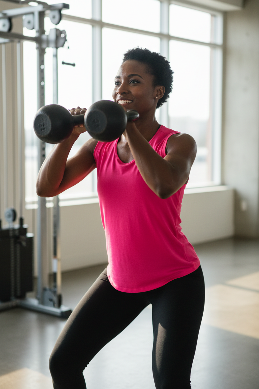 Femme africaine portant le t-shirt de sport Nike rose fuchsia lors d'un entraînement de musculation