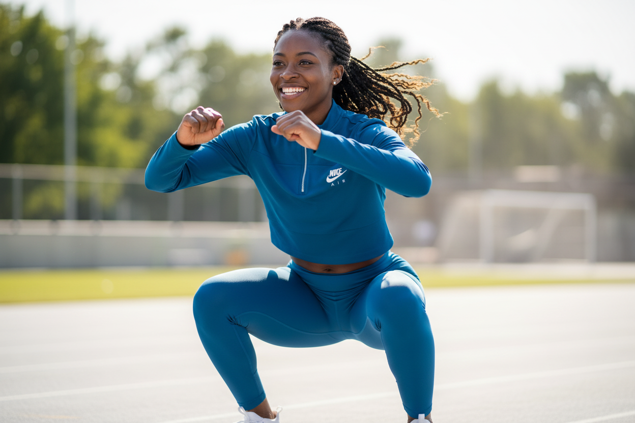 Femme africaine portant un haut Nike Air bleu en faisant du sport