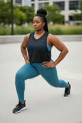 Femme africaine taille L en entraînement portant le legging bleu canard