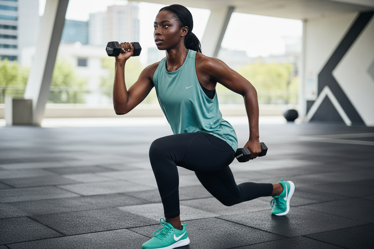 Femme africaine portant le débardeur Nike vert d'eau pendant une séance de sport