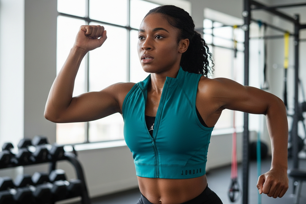 Femme africaine portant le débardeur Jordan turquoise cropped avec zip frontal pendant une séance de sport