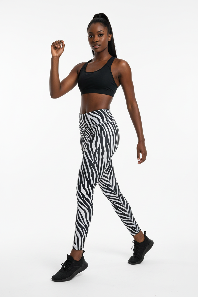Mannequin africaine avec legging zèbre et haut noir - Vue de face