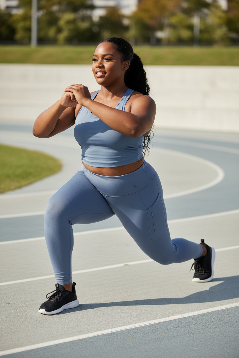 Femme africaine taille L en entraînement portant le legging bleu-gris