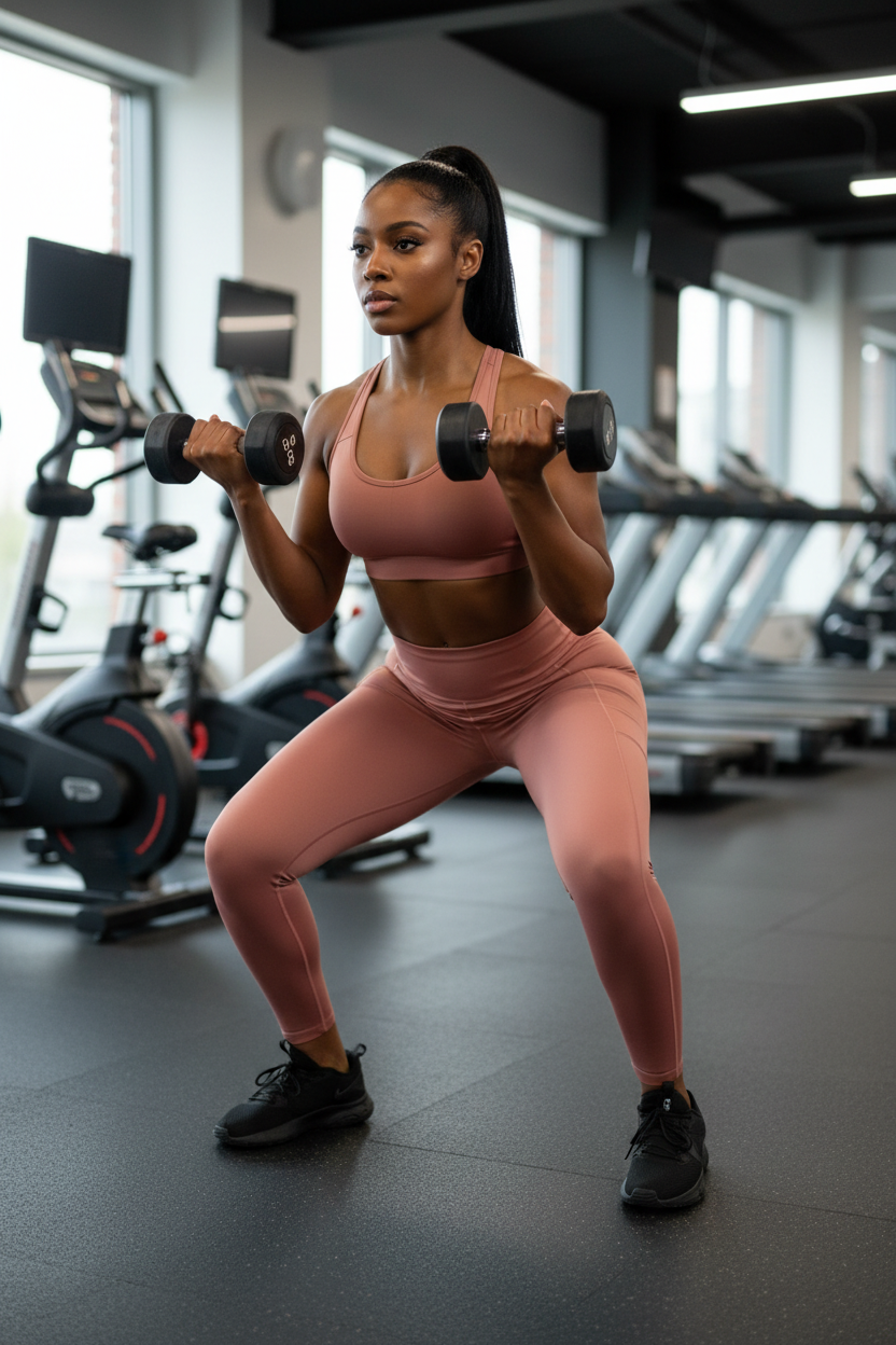 Femme africaine à la salle de sport portant le legging rose terracotta