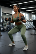 Femme africaine à la salle de sport portant le legging vert olive avec poches zippées