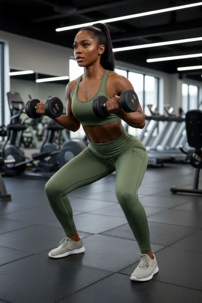 Femme africaine à la salle de sport portant le legging vert olive avec poches zippées
