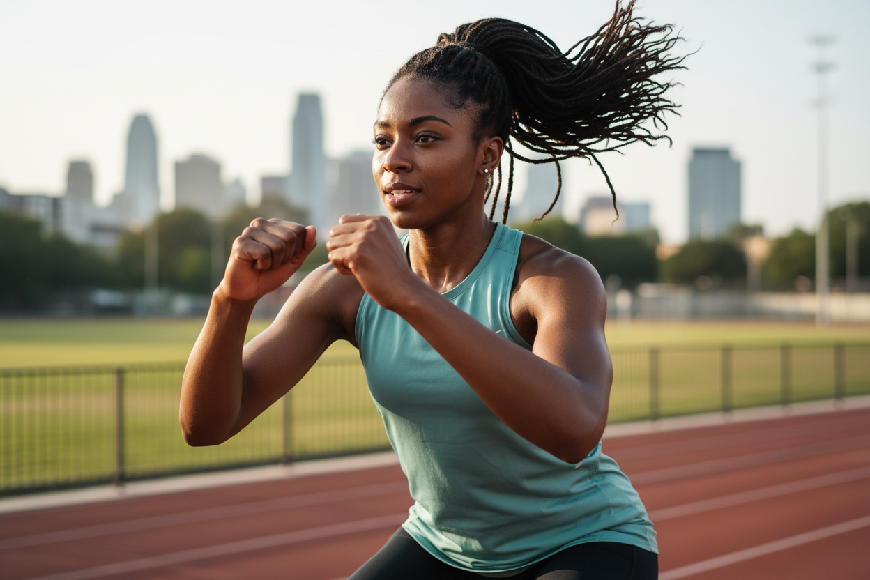 Femme africaine portant un débardeur Nike vert en faisant du sport