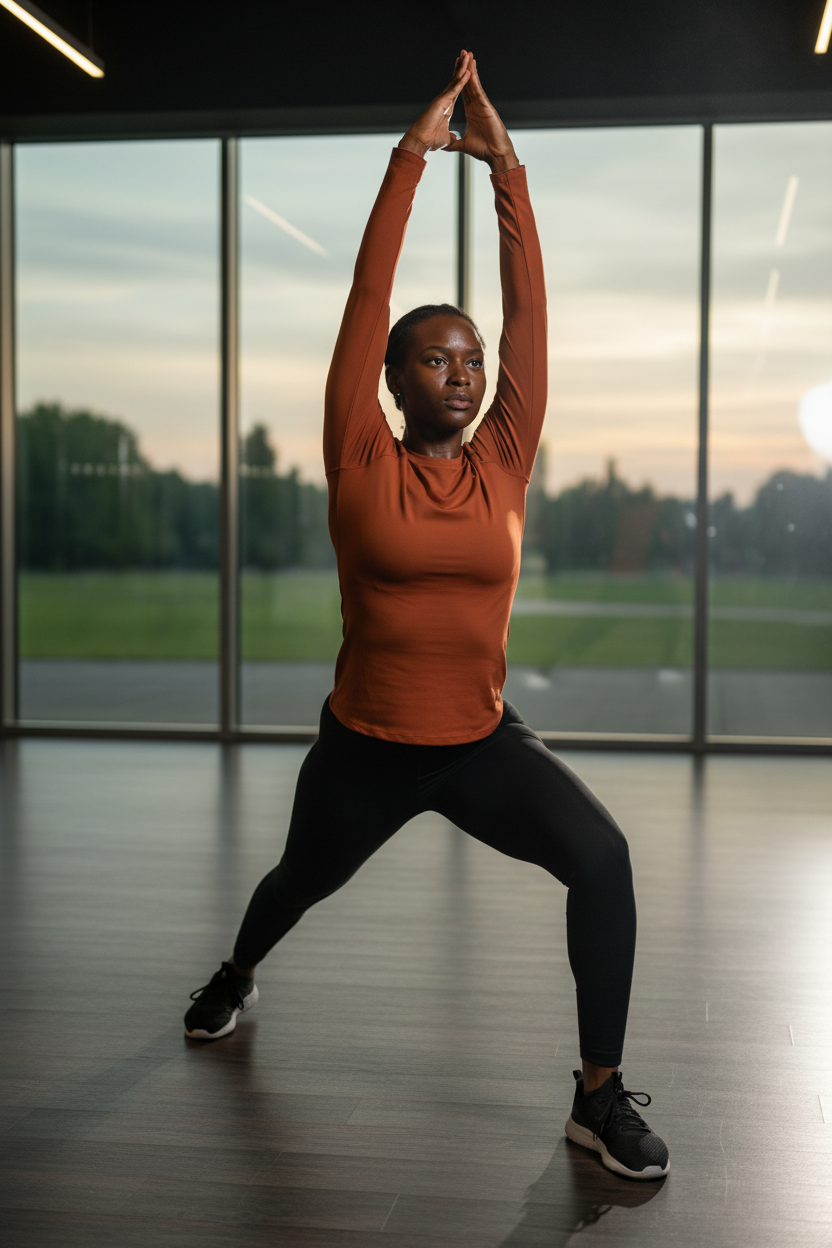 Mannequin femme en yoga portant le haut Jordan terracotta