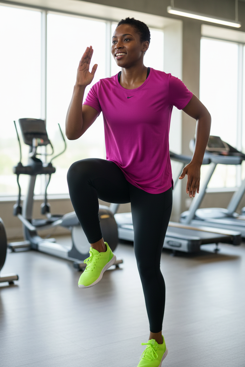 Femme africaine portant le t-shirt de sport Nike magenta lors d'un entraînement cardio