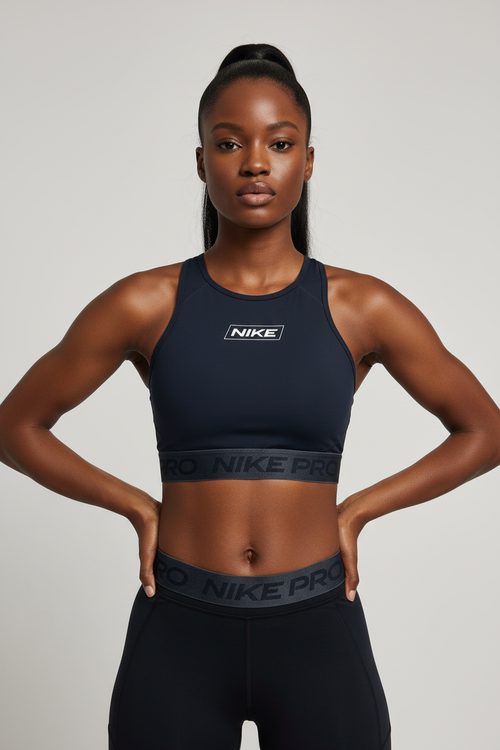 Mannequin femme portant la brassière Nike Pro bleu marine - vue de face