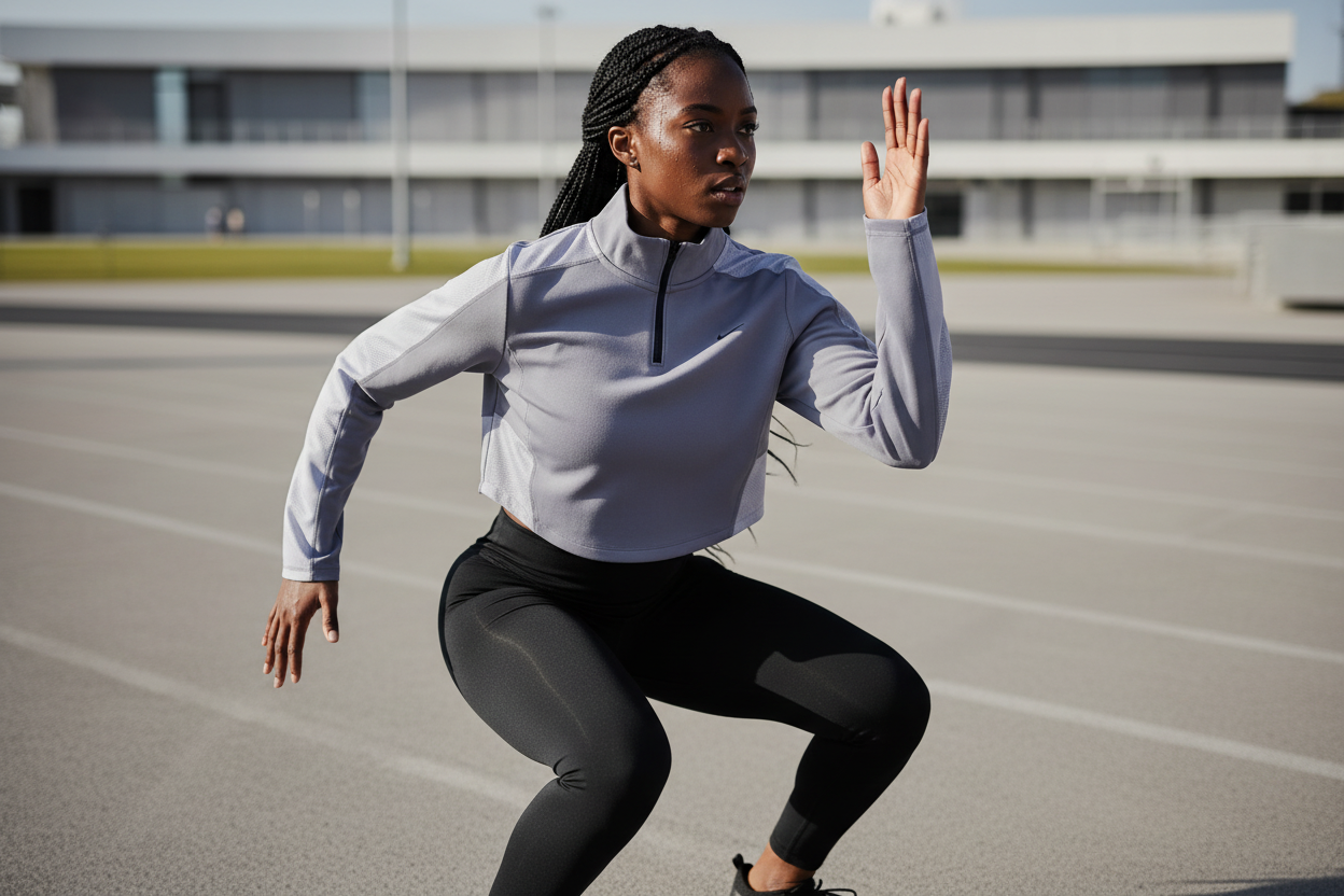 Femme africaine portant le top Nike gris col zippé pendant une séance de sport