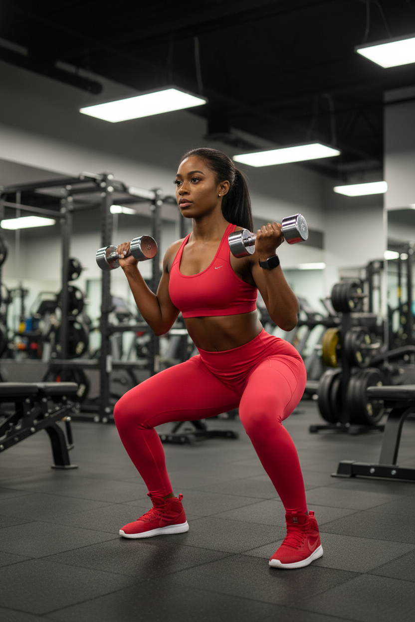 Femme africaine à la salle de sport portant le legging rouge fuchsia