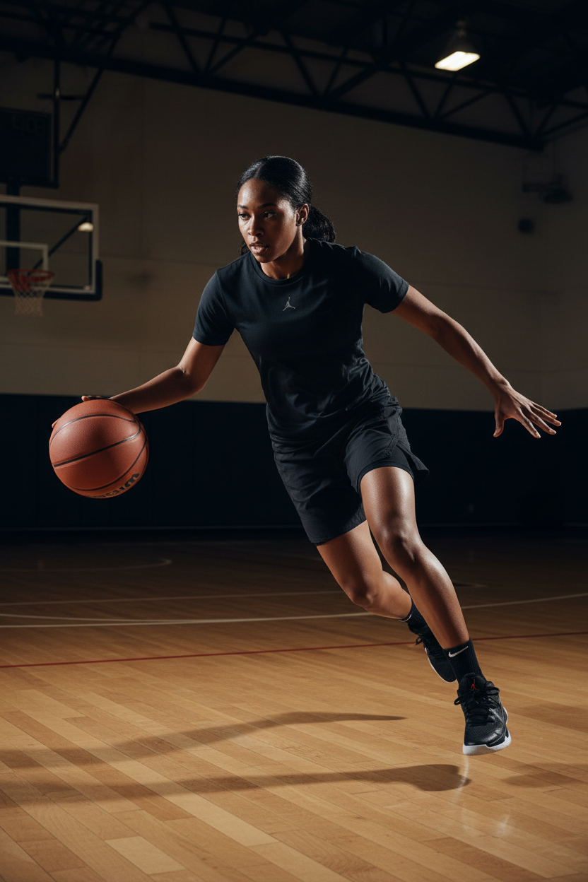 Femme africaine portant le t-shirt de sport Jordan noir lors d'un entraînement de basketball