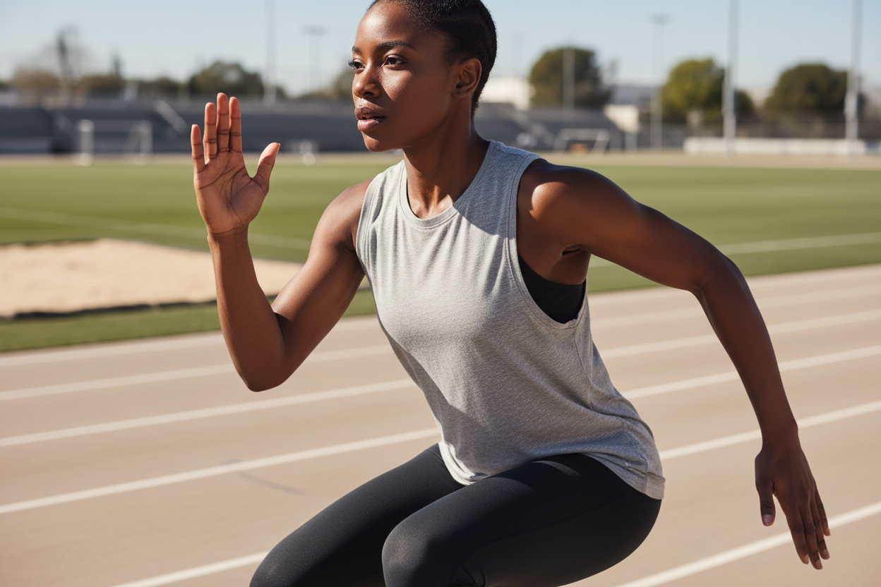 Femme africaine portant le débardeur Nike gris chiné pendant une séance de sport