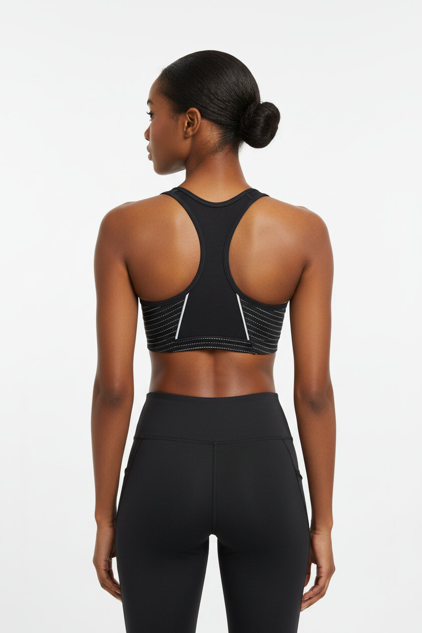 Mannequin africaine portant la brassière Nike noire avec motif pointillé - Vue de dos