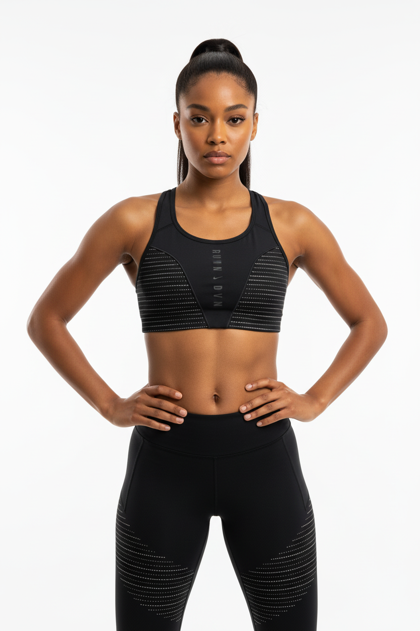 Mannequin africaine portant la brassière Nike noire avec motif pointillé - Vue de face