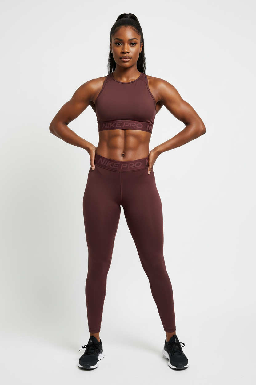 Mannequin africaine portant la brassière Nike Pro bordeaux - Vue de face
