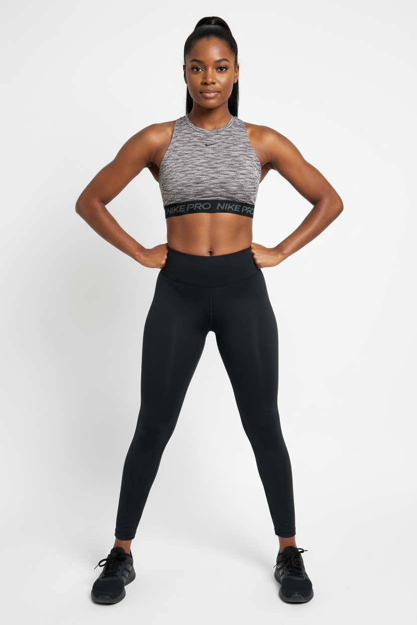 Mannequin africaine portant la brassière Nike Pro chiné gris avec legging noir - Vue de face